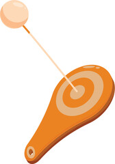 Ball on stick hitting center of target on orange paddle, achieving goal, in isometric view