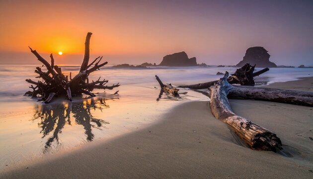 Vibrant Sunset over a Tranquil Beach with Weathered Driftwood and Majestic Sea Stacks - Powered by Adobe