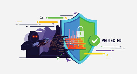 Obraz premium Cybersecurity shield protecting against hacker threat digital security concept.