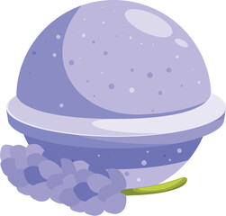 Round purple bath bomb with lavender flower sprig for aromatherapy and wellness