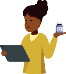 Female doctor holding medication and consulting digital tablet, providing online patient treatment and healthcare services