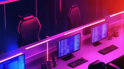 Dark gaming cyber cafe with neon ultraviolet lighting