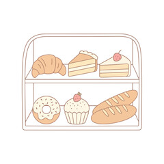 Delightful bakery display filled with delicious pastries, cakes, bread and donuts for your sweet treat cravings