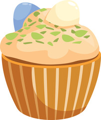 Traditional easter cupcake decorated with cream and colorful eggs, celebrating spring and religious holidays