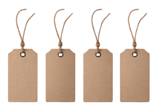 Four blank, tan paper tags, tied with twine