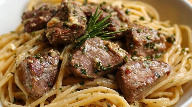 Spaghetti topped with braised beef chunks in a herbed sauce, garnished with rosemary.