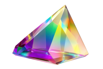 Rainbow spectrum geometric prism sits on a light surface, displaying vibrant colors and intricate facets that catch the light beautifully at various angles