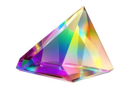Rainbow spectrum geometric prism sits on a light surface, displaying vibrant colors and intricate facets that catch the light beautifully at various angles