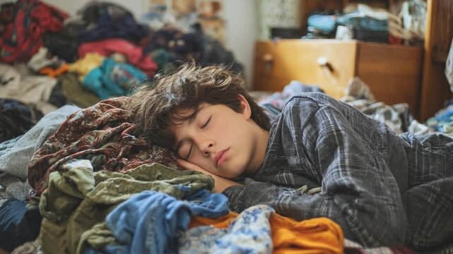 A young person asleep on a pile of clothes on a messy bed in a cluttered bedroom.