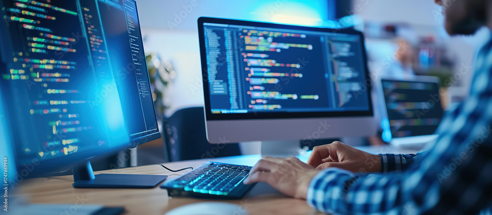Wall mural coding in the digital age: a skilled individual meticulously crafts lines of code on multiple comput
