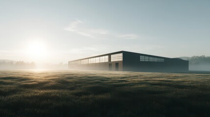 Obraz premium Industrial Building at Sunrise: A modern industrial building stands silhouetted against the soft glow of a sunrise, amidst a field shrouded in mist, symbolizing the start of a productive day.