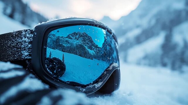Ski Goggles Reflecting a Snowy Mountain Landscape at Sunset.