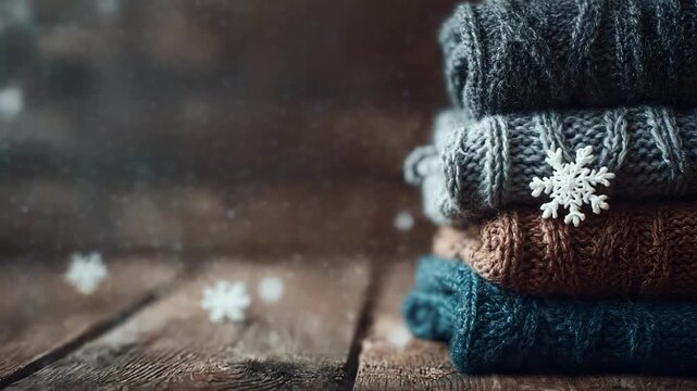 Cozy winter scene: a stack of knitted sweaters on a wooden table with falling snow and a snowflake perched on the top.