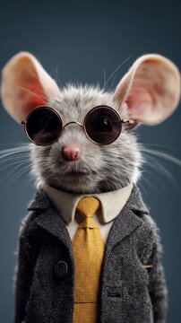 A dapper mouse in a suit and yellow tie, wearing dark sunglasses against a moody backdrop in studio
