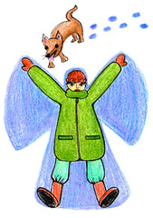 Hand drawn illustration of a child in winter clothes making a snow angel while a playful dog runs nearby. Colored pencil drawing, perfect for Christmas, holiday, family, and winter design projects.