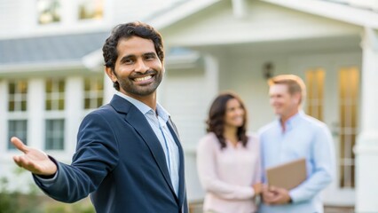 Close up Indian realtor welcoming newlyweds into house for sale — showcasing professional service, home inspection, and real estate expertise