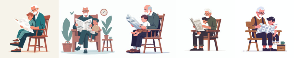 vector grandfather reading newspaper with grandson