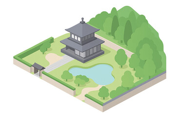 建築物のある自然豊かな風景|アイソメトリックのイラスト