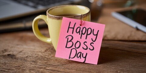 Happy boss day message on coffee mug at office desk