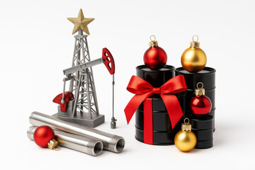 Oil Industry Christmas Still Life with Pumpjack, Barrels and Decorations