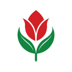 Stylized red tulip flower with green leaves and stem on white background simple icon