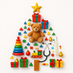 Christmas Tree Composition with Toys and Medical Tools for Pediatric Concept