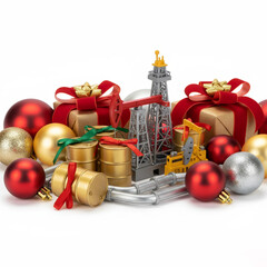 Oil Pumpjack and Barrels Surrounded by Christmas Gifts and Decorations