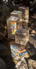 Ice cubes refract sun in shallow stream, rock riverbank