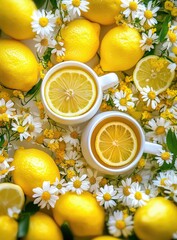 Lemons, daisies, and two cups with lemon slices
