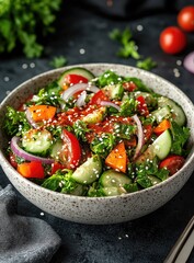 Salad in textured bowl with dark background