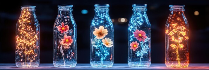 Bottled blooms with lights, arranged decoratively
