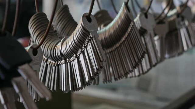 Multiple Duplicate Keys Hanging on Wire Rings at Locksmith Shop - Key Cutting and Duplication Service Business