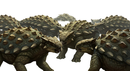 Illustration of Ankylosaurus dinosaurs with spiky armor in prehistoric jungle