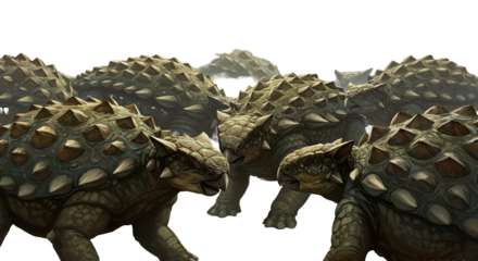 Illustration of Ankylosaurus dinosaurs with spiky armor in prehistoric jungle