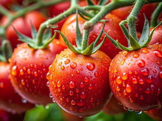 Close-up macro shot of ripe red tomatoes on vine, dew drops, sharp detail