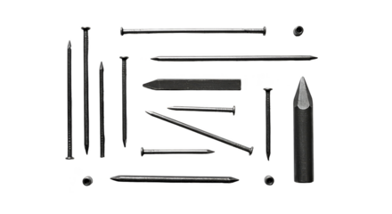 Illustration of assorted nails on black background no background