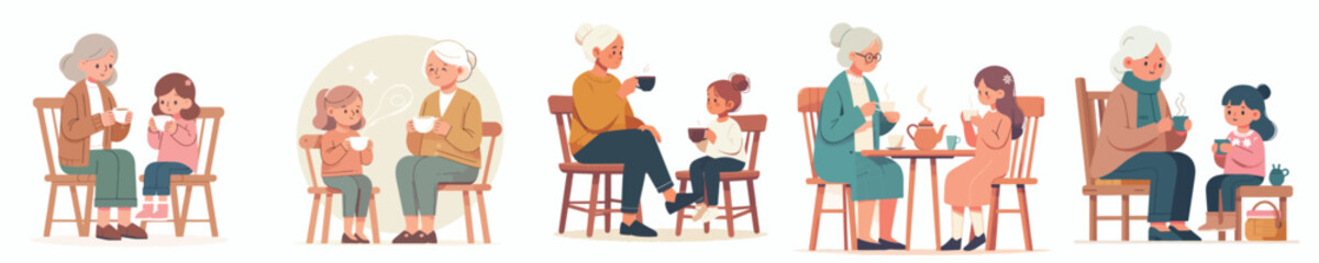 vector grandmother drinking tea with grandchildren