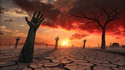 Apocalyptic Zombie Graveyard at Fiery Sunset – Surreal Horror Digital Art
