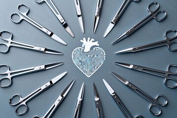 Gleaming surgical scissors encircle a heart-shaped circuit board on a blue background, symbolizing the fusion of medical surgery and technology.