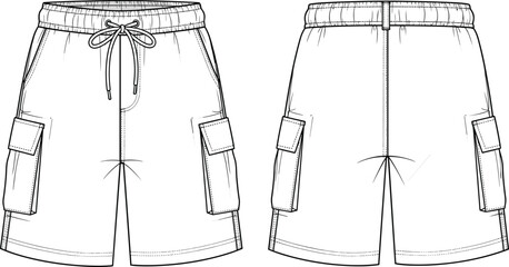 Fashion technical drawing of cargo shorts with elastic waistband, drawstring, flap pockets, garment flat sketch, apparel design illustration, sewing pattern