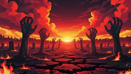 Apocalyptic Zombie Graveyard at Fiery Sunset – Surreal Horror Digital Art
