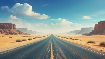 Fototapeta premium Endless Open Highway Leading to the Distant Horizon beneath a Bright Clear Blue Sky