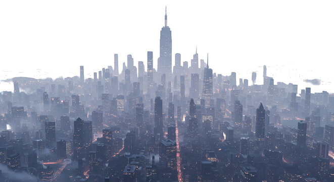 Illustration of Cityscape Skyline at Dusk with Glowing Lights and Fog - Powered by Adobe