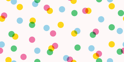 Abstract seamless horizontal modern colorful pattern with multicolored transparent confetti, polka dots on a light background, simple cute vector illustration, flat style © Мария Кривецкая