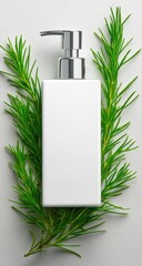 White bottle with pump amidst green rosemary sprigs