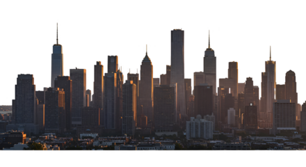 Illustration of city skyline at sunset with golden light