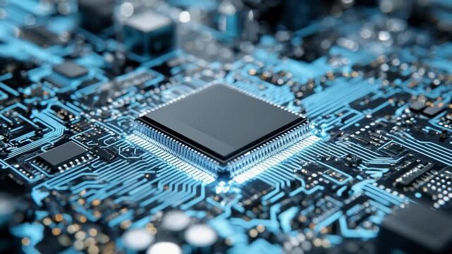 Close-up of a microprocessor on a blue circuit board.
