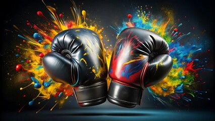 Two boxing gloves with vibrant colorful paint splatters exploding behind them on a dark background