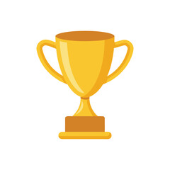 Golden trophy cup with handles and wooden base on white background