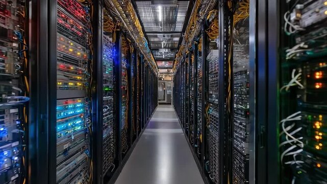 A data center with long rows of server racks and colorful LED indicators.